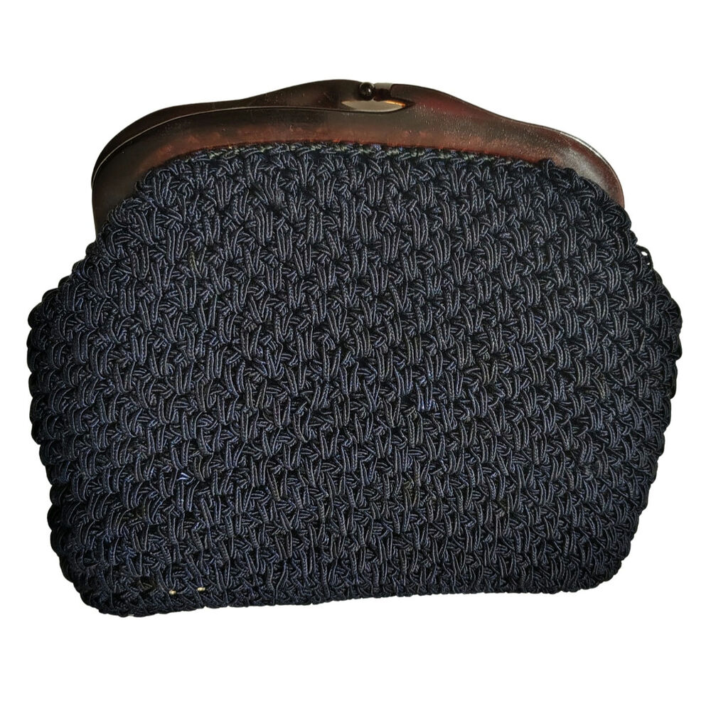 1960s Small Crocheted Navy Blue Handbag ADG Lucite Kiss Closure Top Frame Lined